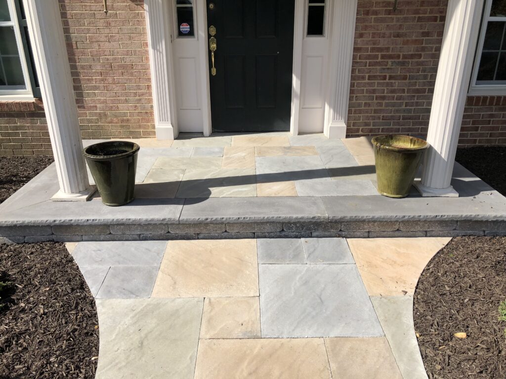 FRONT ENTRANCE and WALKWAY- Slate pavers, Belmont rock faced treads, Village block riser